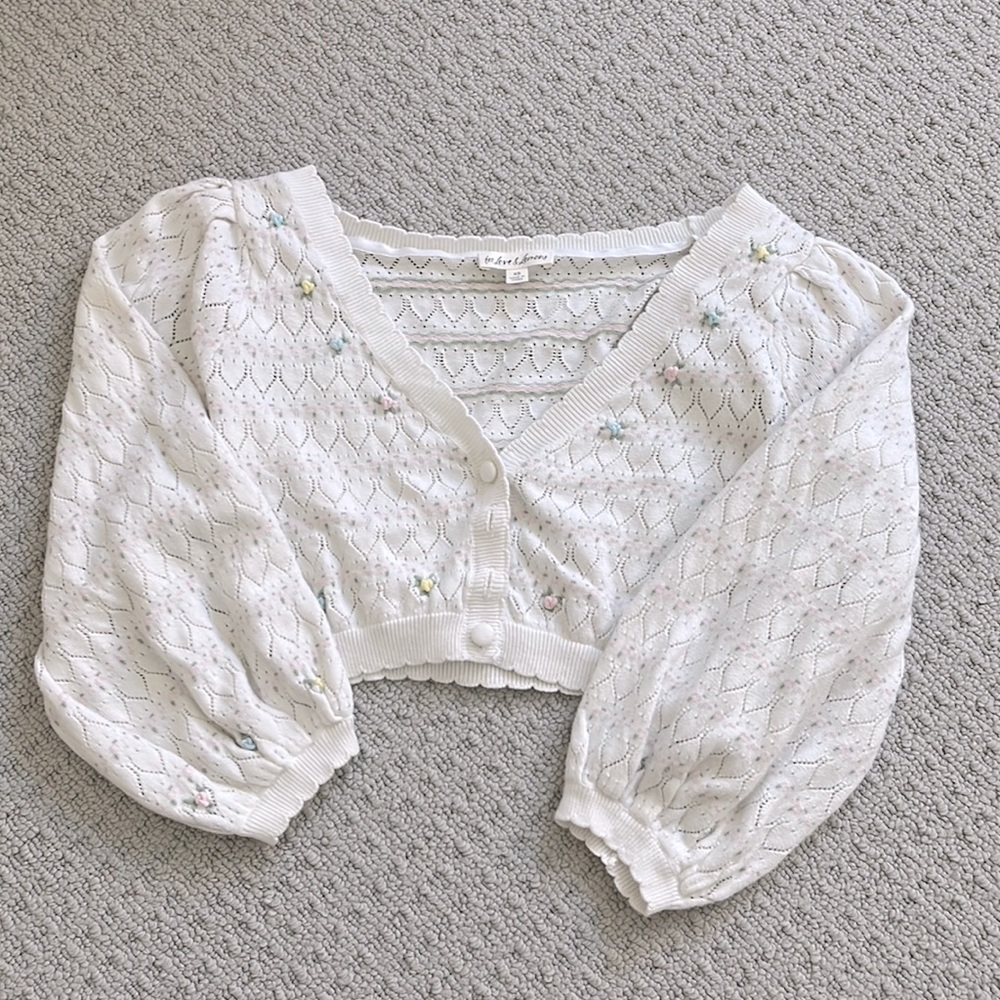 For love lemons floral white puff sleeve cardigan